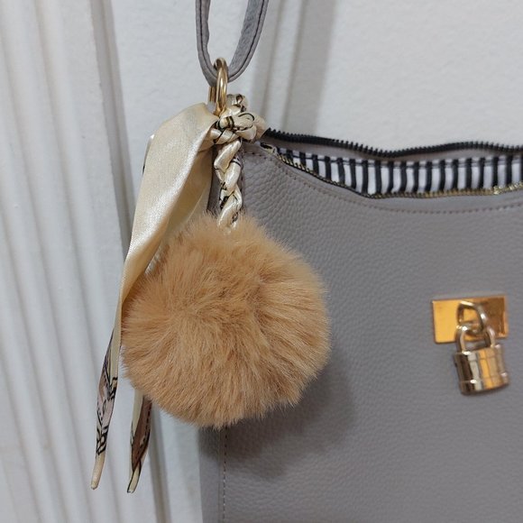 Twilly Scarf & Fur Pom Pom Decor Bag Charm Bag Accessory - Picture 2 of 8